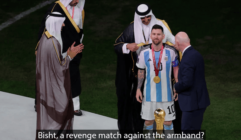 Messi being worn a bisht after the world cup finals game