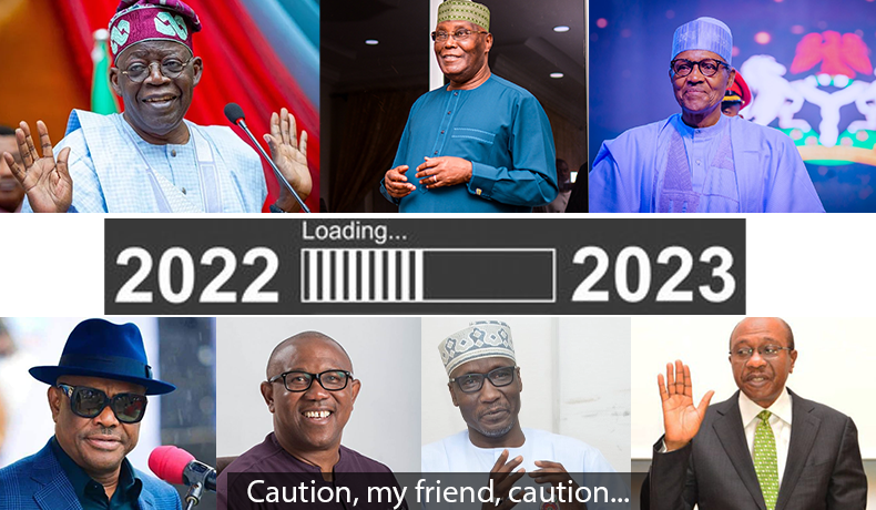 photo collage of tinubu, atiku, buhari, wike, obi, kyari and emefiele with a transition of 2022 to 2023