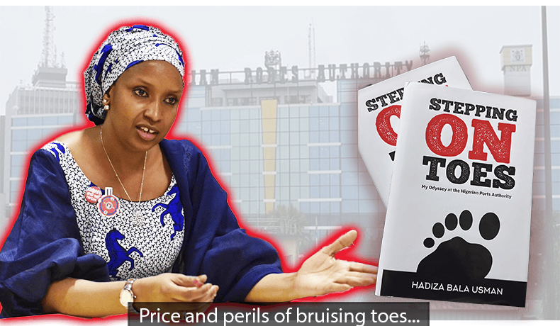 Hadiza Bala Usman and her new book "Stepping on Toes" with a backdrop of the Nigerian Ports Authority Office