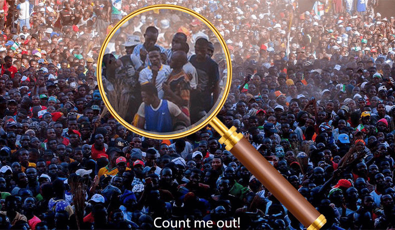 A bunch of crowded people with a magnifying glass over the few.