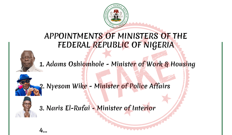 fake ministerial list with wike, oshiomole and elrufai
