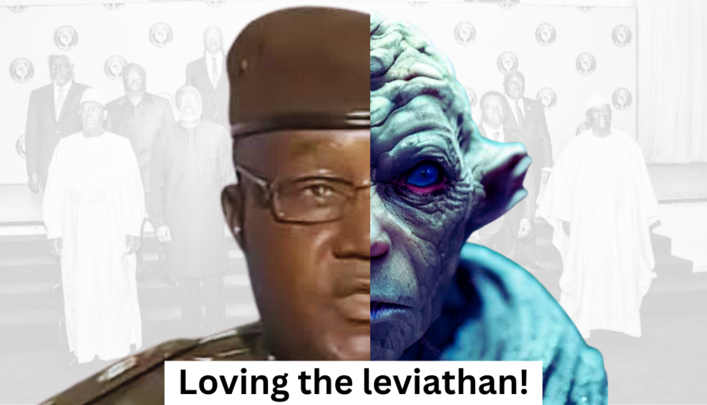 A phot mixture with half the face of Nigerien military coup leader, General Tchiani and a monster.