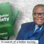 a photo of ehi braimah and the book, "for a better society"