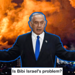 an image of Israeli Prime Minister Benjamin “Bibi” Netanyahu with a backdrop of israel-hamas war