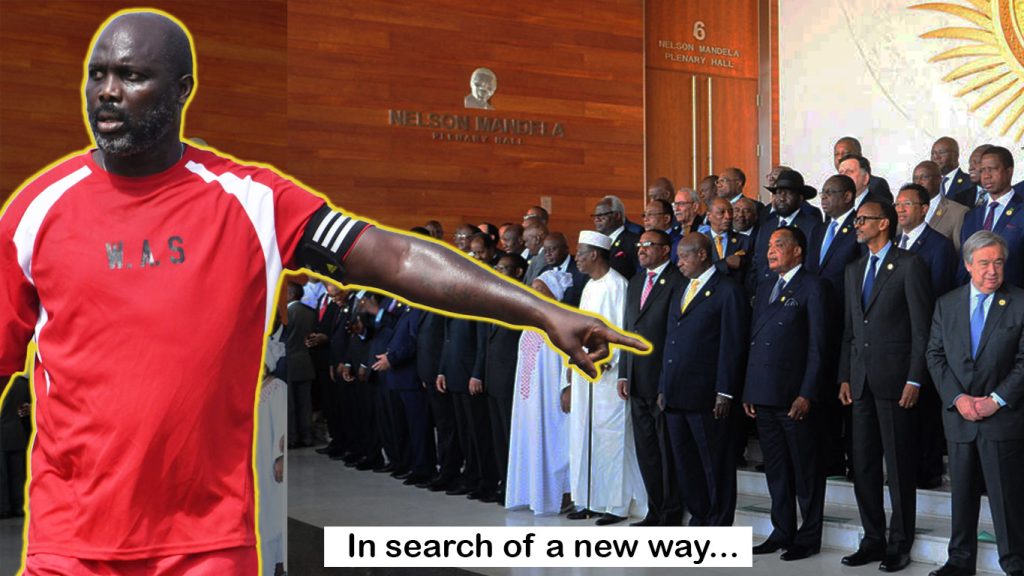 An image of outgoing Liberian President George Weah pointing stands out from a backdrop of african leaders