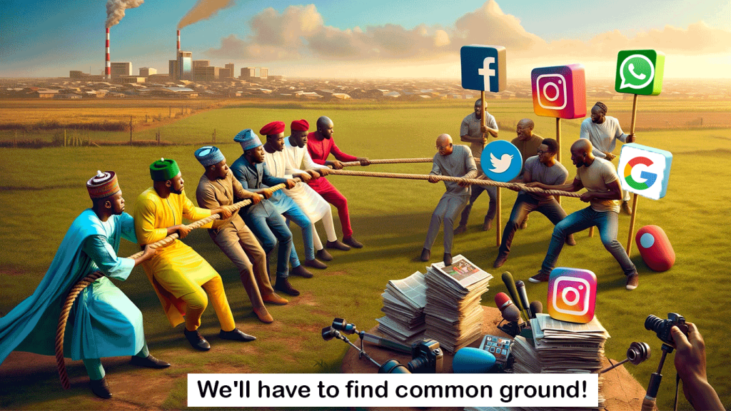 an illustration of a tug of war between nigerian media and big tech giants