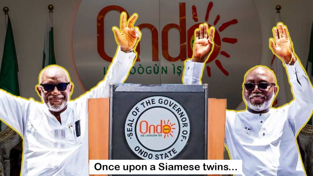 photo of ondo state governor, rotimi akeredolu and his deputy, Lucky Aiyedatiwa imposed on a background with the ondo state design, and overlayed with the podium bearing the official seal of the ondo state governor.