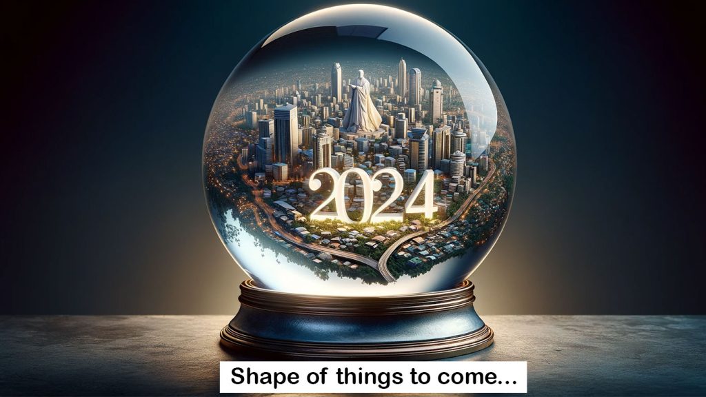 a crystal ball with the cityscape of Nigeria, and 2024 written in the crystal.