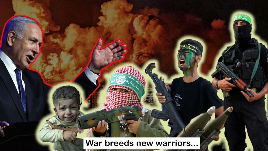 an image of Benjamin Netanyahu with a depiction of a boy growing from child to adult as a hamas soldier, on a backdrop of a war scene