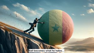 an image of a man in a suit pushing a boulder designed with a senegalese flag down a cliff