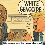 AI-generated image of stylised, landscape-mode political cartoon, depicting President Trump aggressively shouting “WHITE GENOCIDE”—emphasized by bold exclamation marks—contrasted with President Ramaphosa’s more subdued, explanatory posture