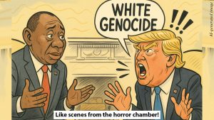 AI-generated image of stylised, landscape-mode political cartoon, depicting President Trump aggressively shouting “WHITE GENOCIDE”—emphasized by bold exclamation marks—contrasted with President Ramaphosa’s more subdued, explanatory posture