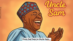 A cartooned image of Sam Amuka laughing