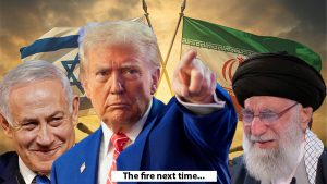 an image of Israeli Prime Minister Benjamin Netanyahu, Iran’s Supreme Leader, Ayatollah Khomeini and US President Donald Trump
