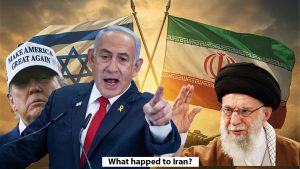 an image of Israeli Prime Minister Benjamin Netanyahu, Iran’s Supreme Leader, Ayatollah Khomeini and US President Donald Trump