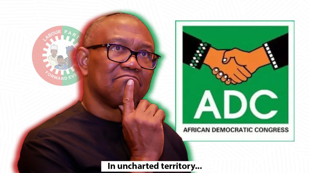 An image of Peter Obi with the Labour Party logo fading and the ADC Party logo dominant