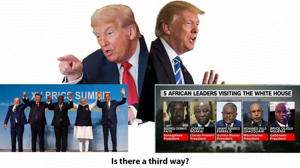 Two images of Trump, with one side directed at the BRICS coalition, and the other directed at the 5 West African countries visiting the white house