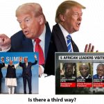Two images of Trump, with one side directed at the BRICS coalition, and the other directed at the 5 West African countries visiting the white house