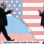 An image of Putin and Trump on a backdrop of the Russian and American flags, with Trump clapping