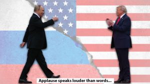 An image of Putin and Trump on a backdrop of the Russian and American flags, with Trump clapping