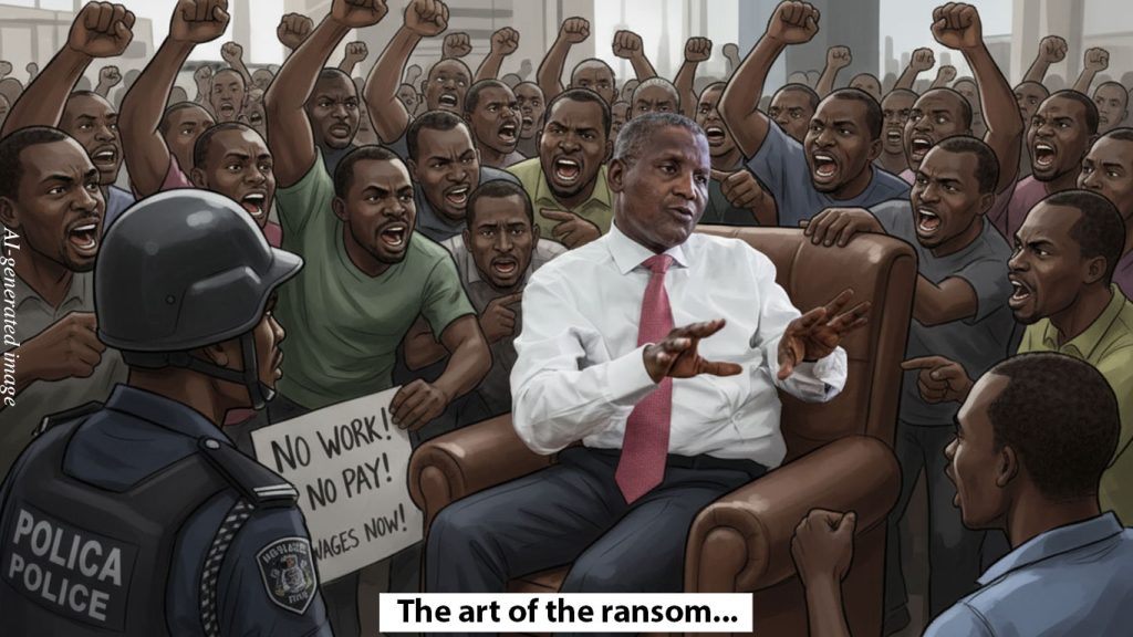 A picture depicting Dangote besieged by union-looking hostage takers