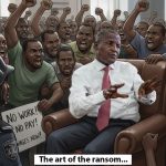 A picture depicting Dangote besieged by union-looking hostage takers