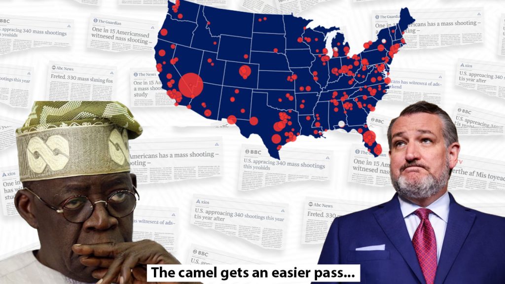 An image of President Tinubu and senator Ted Cruz on the backdrop of newspaper cutouts of mass shootings in america and a map of mass shootings spread in america
