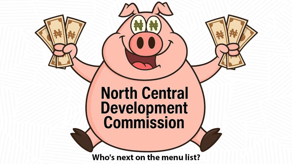 A pig with naira sign in his eyes and a fist full of naira notes
