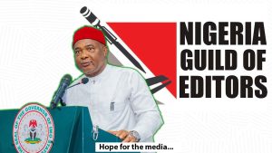 An illustration of the Governor of Imo State, Hope Uzodimma, against the background of the Guild of Editors logo