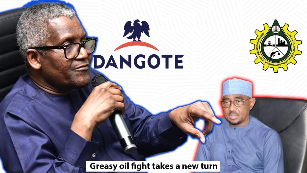 an image of aliko dangote and Ahmed Farouk, along with the logos of Dangote and NMDPRA