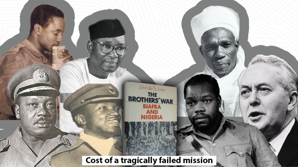 An image containing emmanuel ifeajuna, aguiyi ironsi, tafawa balewa, nnamdi azikiwe, harold wilson, emeka ojukwu, chukwuma kaduna nzeogwu and the book John de St. Jorre’s The Brothers’ War: Biafra and Nigeria