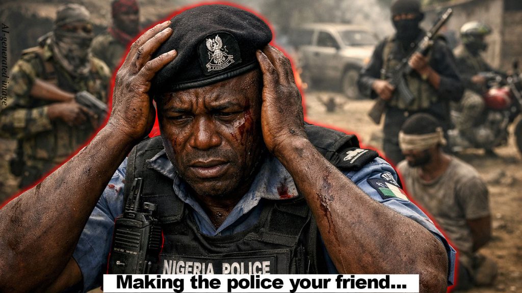 an image of a distressed policing, with bandits, kidnappers, etc, in the background