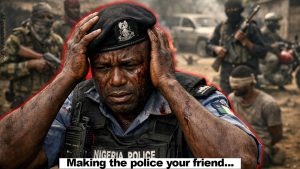 an image of a distressed policing, with bandits, kidnappers, etc, in the background