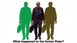 an image of peter obi carrying a bag, with silhouettes of the image both sides of him