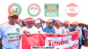 An image of ADC protesters with logos of ADC, PDP, NNPP and Labour Party