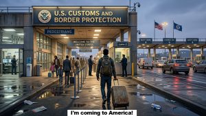 an image of a man in silhouette approaching the US Border