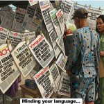 AI generated illustration of a man and woman standing at a Nigerian newspaper stand with varying headlines.
