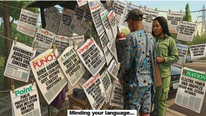 AI generated illustration of a man and woman standing at a Nigerian newspaper stand with varying headlines.