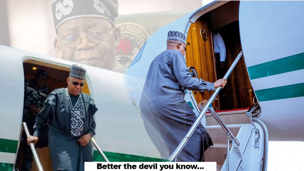 shettima leaving and entering an aeroplane with President tinubu on the back shadows