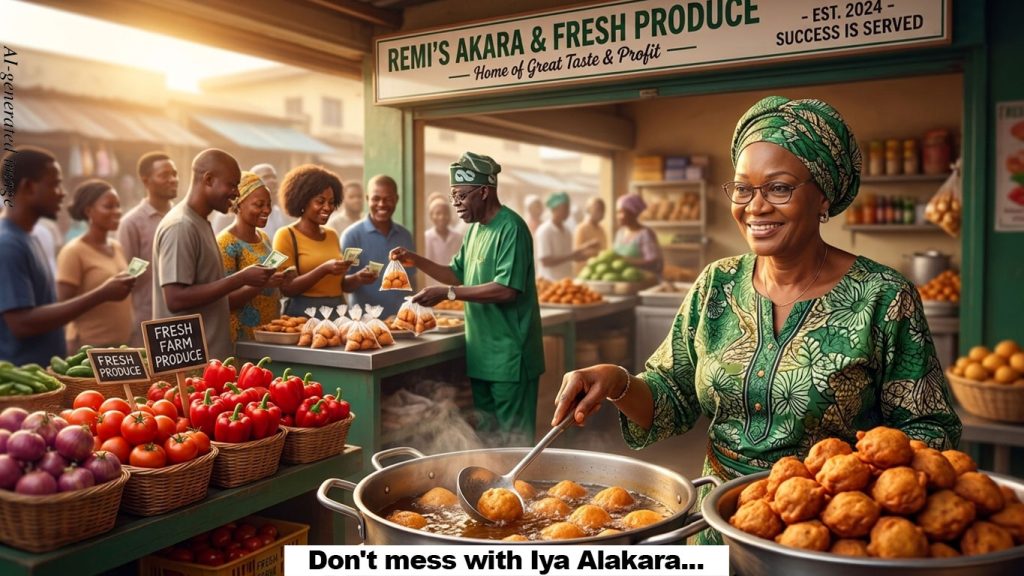 an AI-generated image of remi tinubu frying and selling akara with president Bola tinubu selling in the background