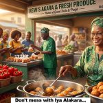 an AI-generated image of remi tinubu frying and selling akara with president Bola tinubu selling in the background