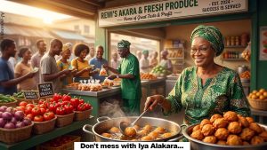 an AI-generated image of remi tinubu frying and selling akara with president Bola tinubu selling in the background