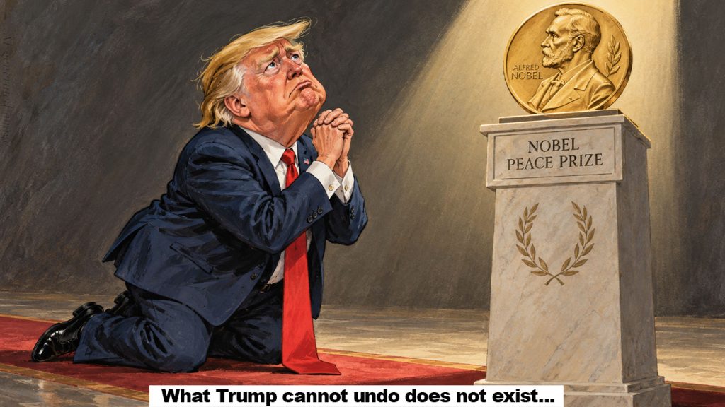 an illustration of donald trump begging for the nobel peace prize